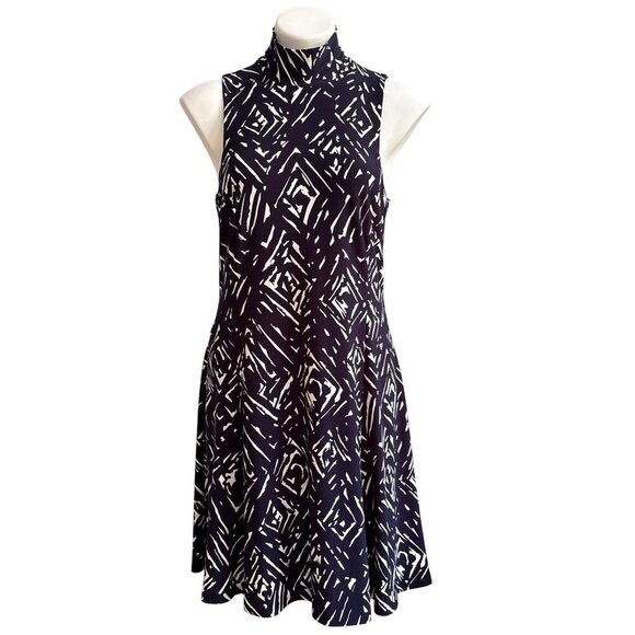 Lauren Ralph Lauren Geometric Print High-Neck A-Line Dress, Navy/White Size 10 - Picture 1 of 10